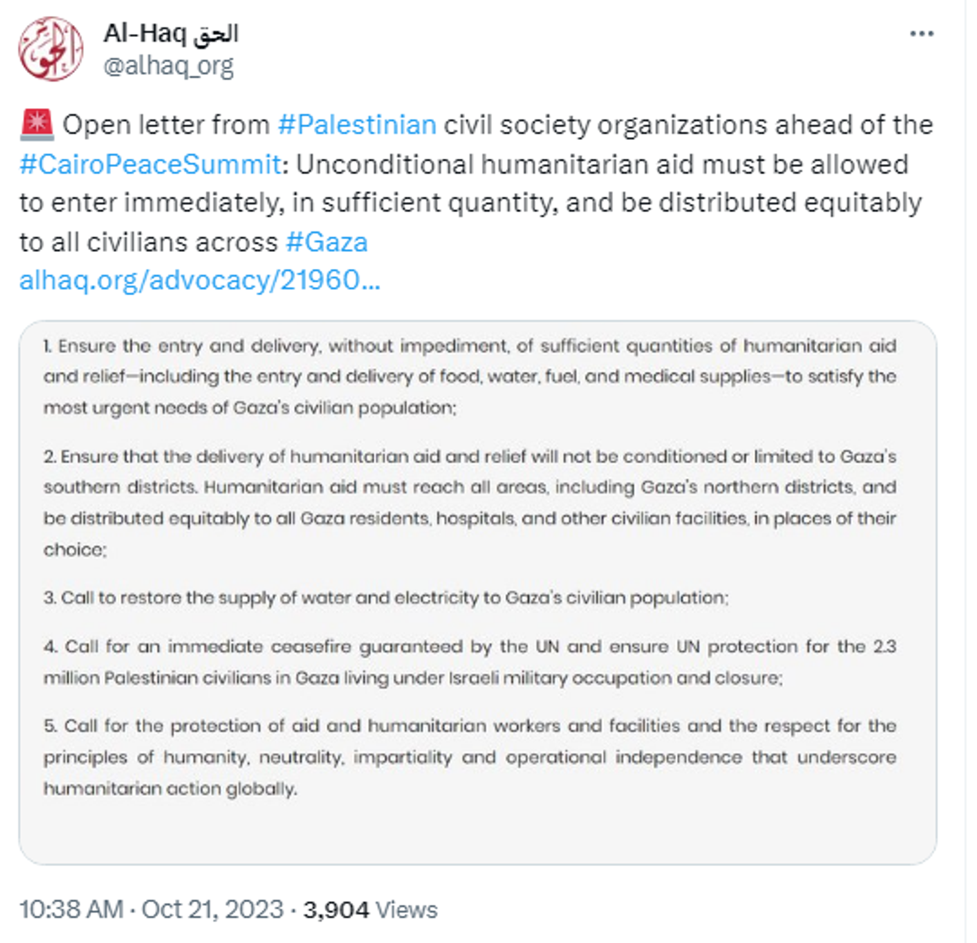 Screenshot of X post featuring Open letter from Palestinian civil society organizations ahead of the Cairo Peace Summit. Screenshot of X post featuring Open letter from Palestinian civil society organizations ahead of the Cairo Peace Summit. - Sputnik International, 1920, 21.10.2023