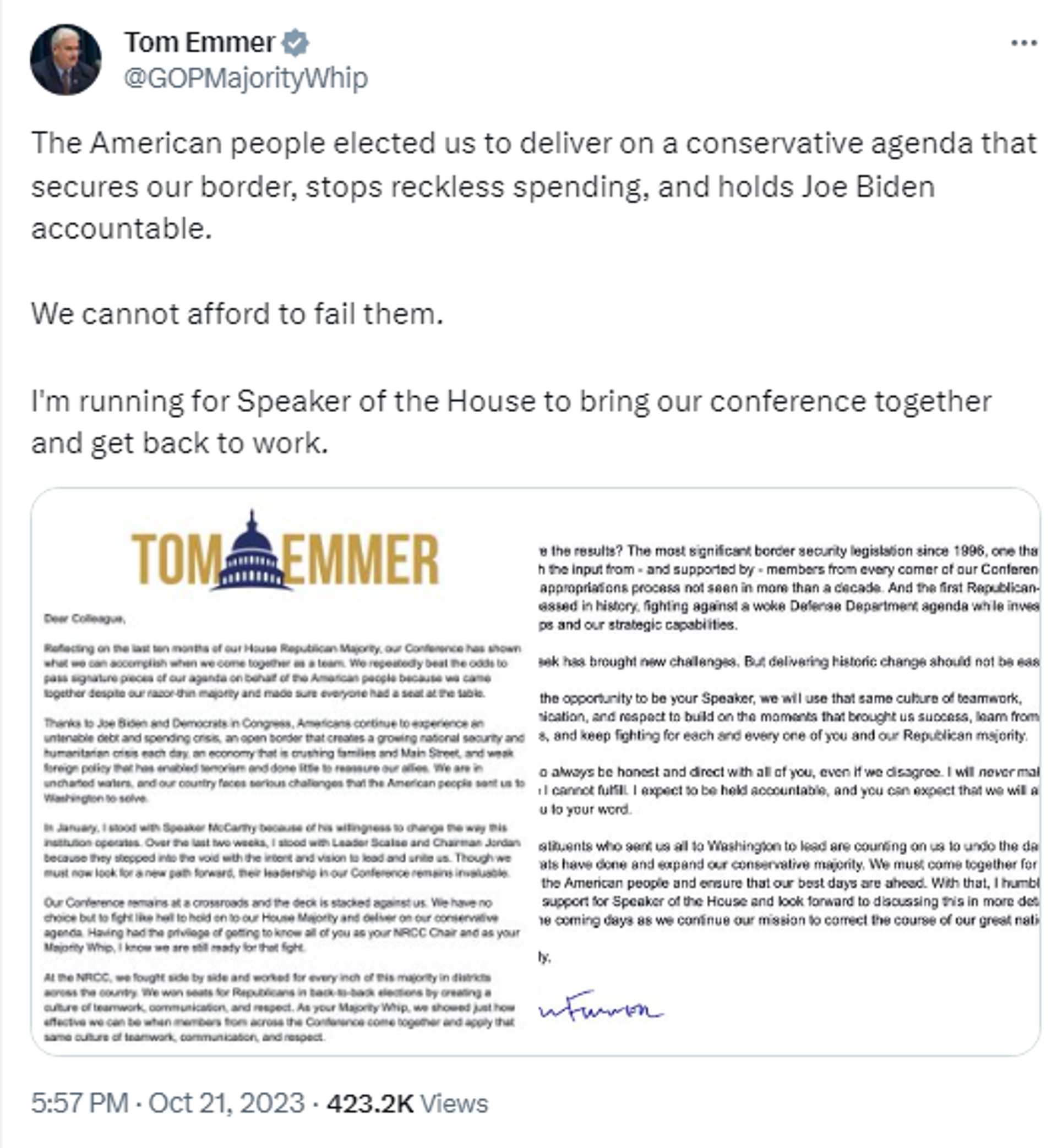 Screenshot of X post by US GOP House Majority Whip Tom Emmer, R-Minn. Screenshot of X post by US GOP House Majority Whip Tom Emmer, R-Minn. - Sputnik International, 1920, 22.10.2023