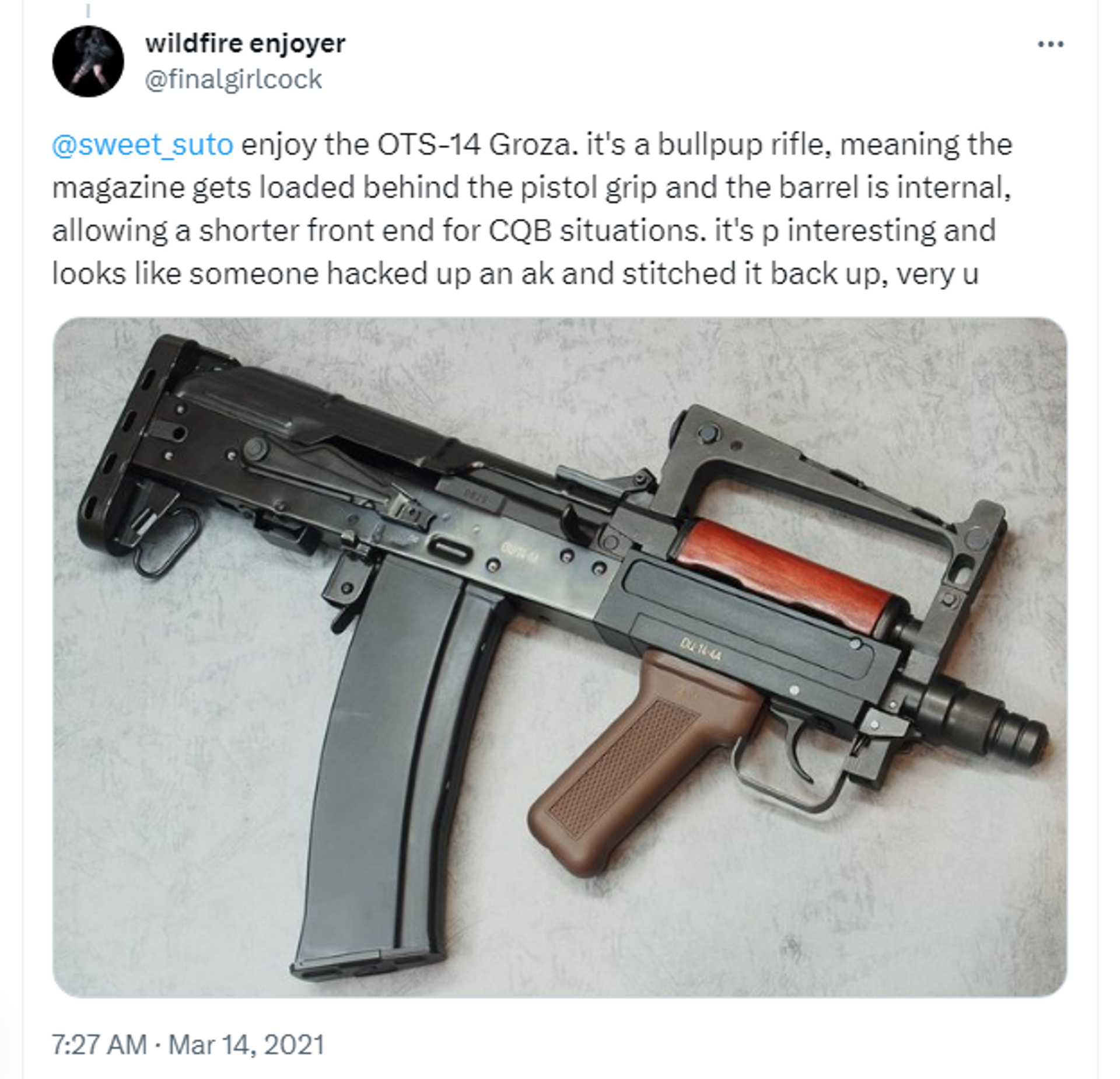 An X (formerly Twitter) screenshot of the OTs-14 Groza rifle. - Sputnik International, 1920, 24.10.2023