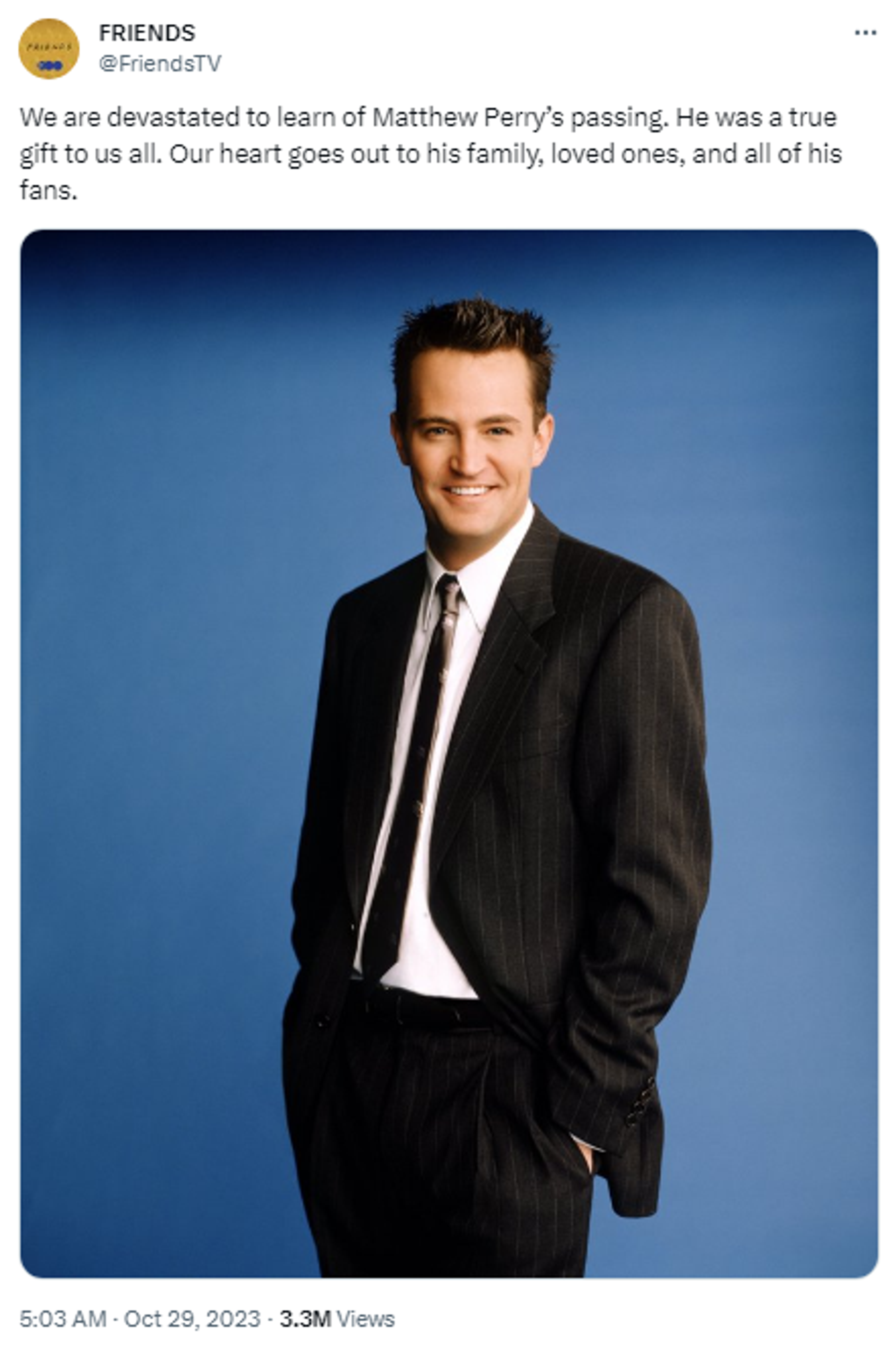 Screenshot of X post by official account of Friends TV sitcom on the death of actor Mathew Perry. Screenshot of X post by official account of Friends TV sitcom on the death of actor Mathew Perry. - Sputnik International, 1920, 29.10.2023