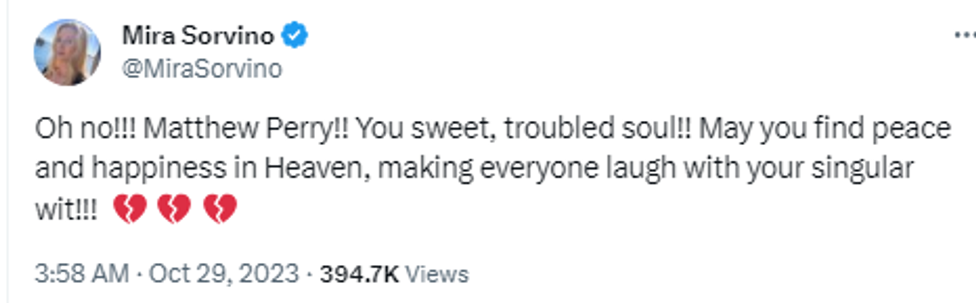 Screenshot of X post by actress Mira Sorvino. Screenshot of X post by actress Mira Sorvino. - Sputnik International, 1920, 29.10.2023