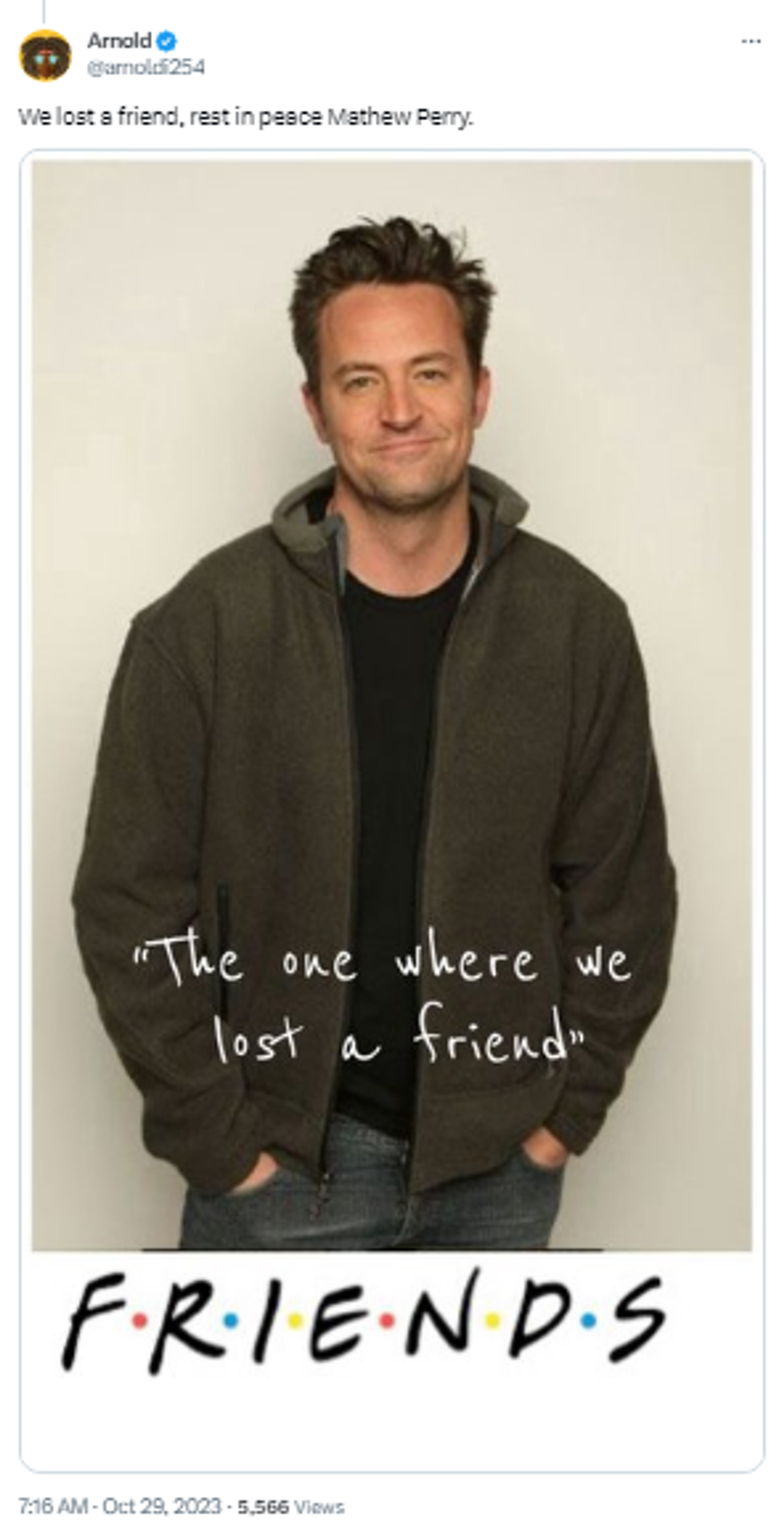 Screenshot of X post featuring photo of actor Mathew Perry. Screenshot of X post featuring photo of actor Mathew Perry. - Sputnik International, 1920, 29.10.2023