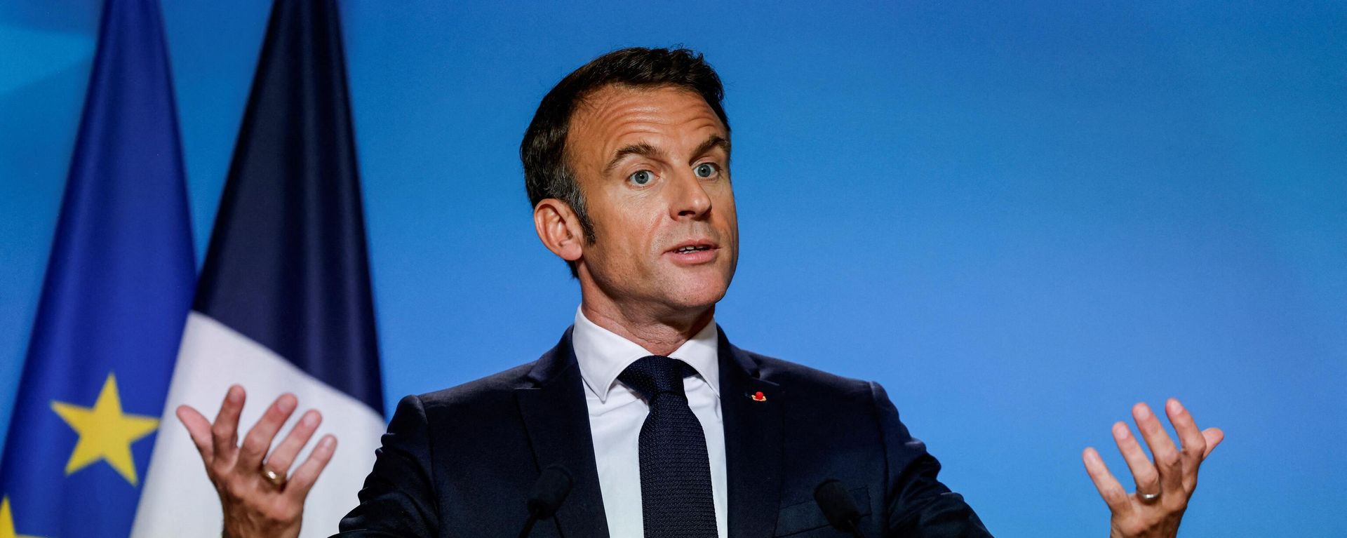 French President Emmanuel Macron speaks during a press conference on the second and last day of a European Union summit, at the EU headquarters in Brussels, on October 27, 2023. - Sputnik International, 1920, 02.11.2023