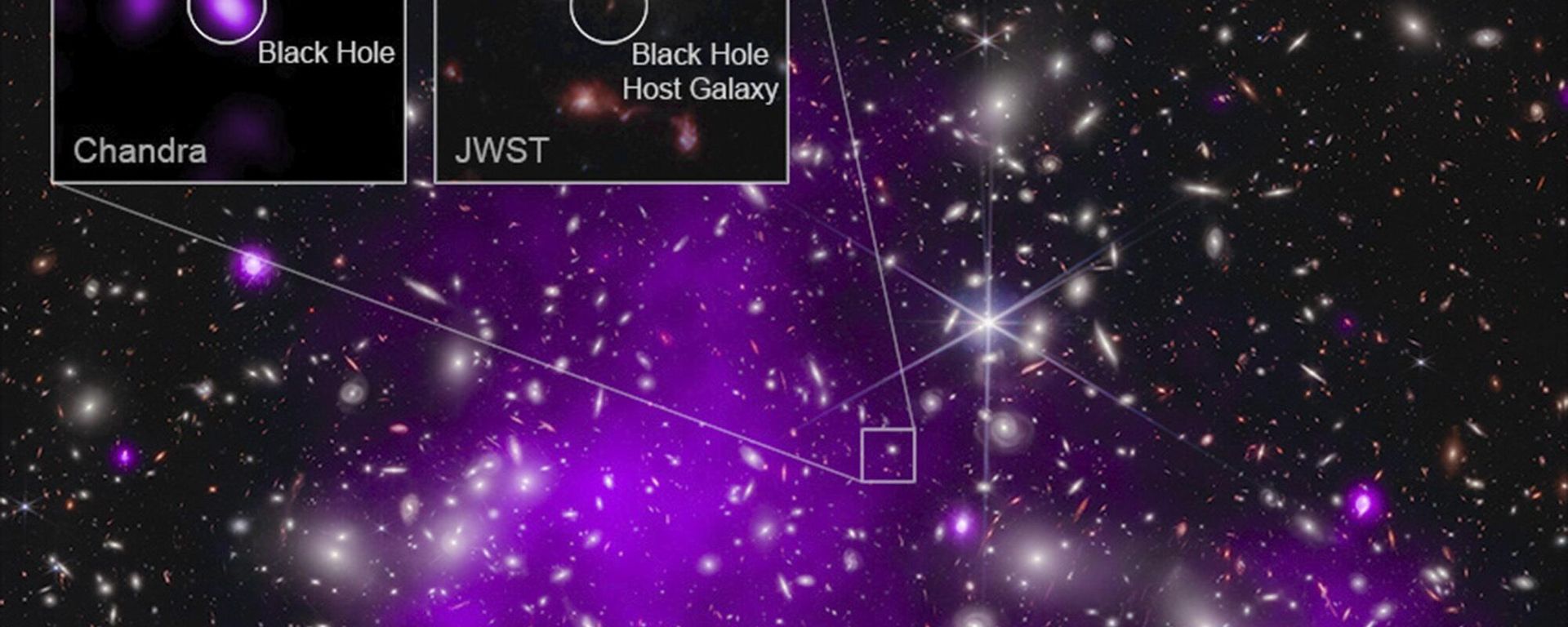 This annotated image provided by NASA on Monday, Nov. 6, 2023, shows a composite view of data from NASA’s Chandra X-ray Observatory and James Webb Space Telescope indicating a growing black hole just 470 million years after the big bang. It is the oldest black hole yet discovered. This annotated image provided by NASA on Monday, Nov. 6, 2023, shows a composite view of data from NASA’s Chandra X-ray Observatory and James Webb Space Telescope indicating a growing black hole just 470 million years after the big bang. It is the oldest black hole yet discovered. - Sputnik International, 1920, 06.11.2023
