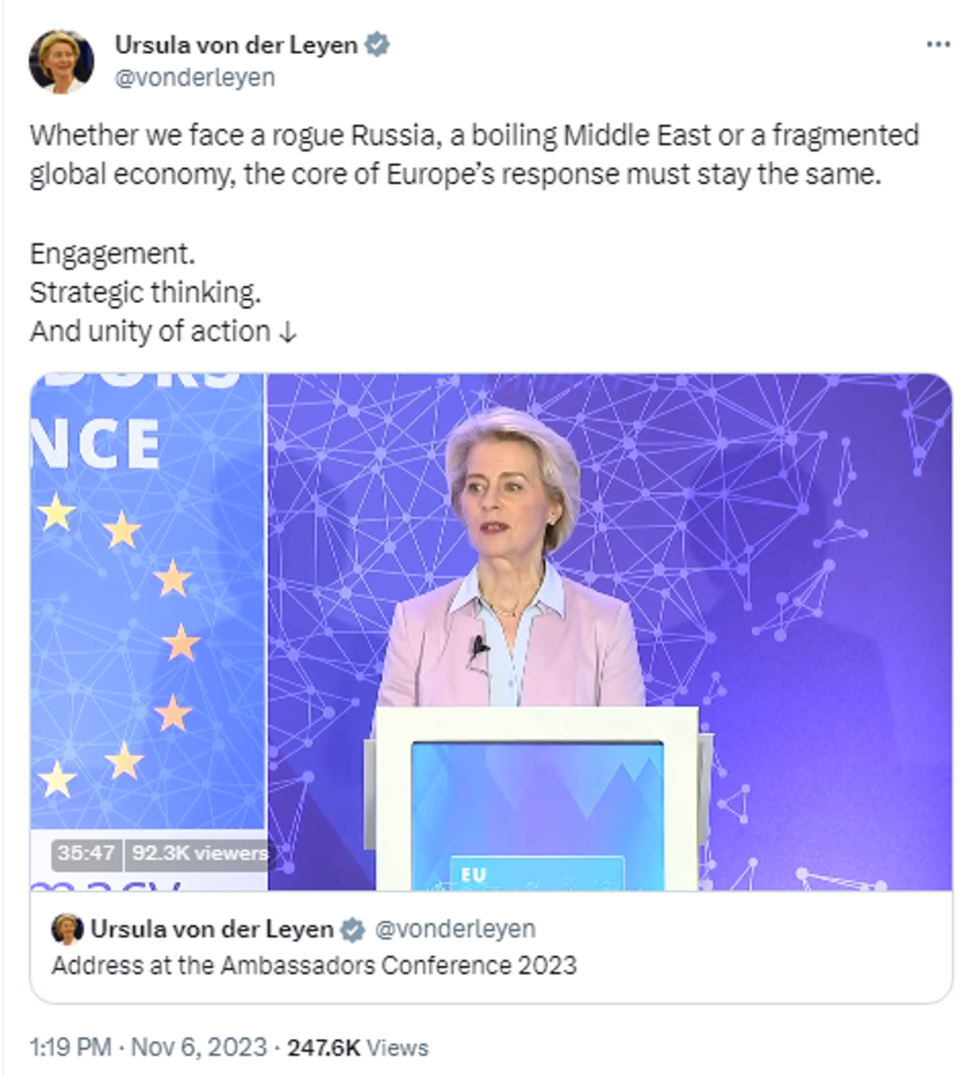 Screenshot of X post by Ursula von der Leyen, European Commission President. Screenshot of X post by Ursula von der Leyen, European Commission President. - Sputnik International, 1920, 07.11.2023