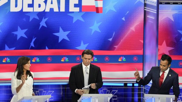 Republican presidential candidates from left, former UN Ambassador Nikki Haley, Florida Gov. Ron DeSantis, and businessman Vivek Ramaswamy, participate in a Republican presidential primary debate hosted by NBC News Wednesday, Nov. 8, 2023, at the Adrienne Arsht Center for the Performing Arts of Miami-Dade County in Miami. - Sputnik International