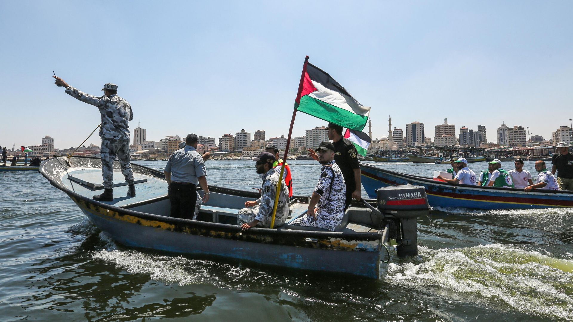 A boat carrying members of Hamas' marine police launches out to sea escorting a blockade-running boat carrying Palestinian students and others injured during protests from the Gaza City harbor on July 10, 2018. A boat carrying members of Hamas' marine police launches out to sea escorting a blockade-running boat carrying Palestinian students and others injured during protests from the Gaza City harbor on July 10, 2018. - Sputnik International, 1920, 23.11.2023