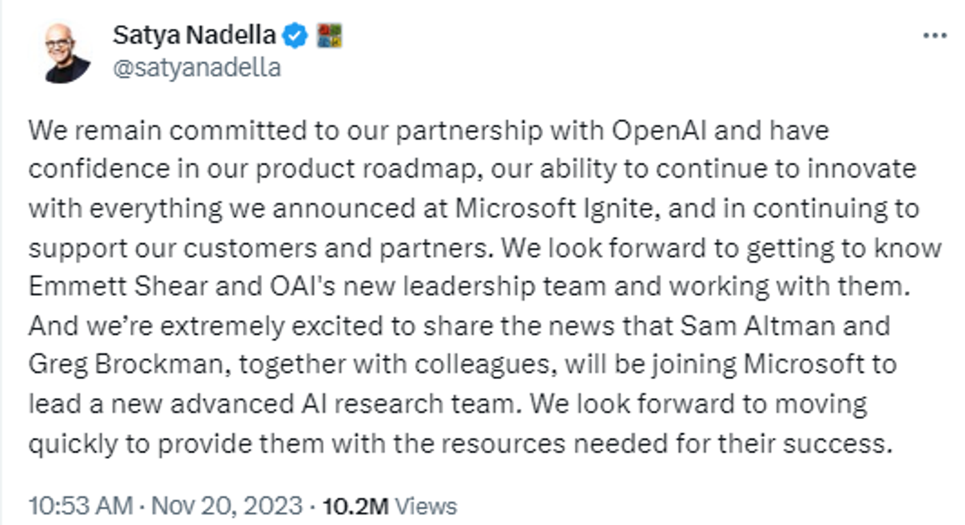 Screenshot of X post by Microsoft CEO Satya Nadella. - Sputnik International, 1920, 20.11.2023