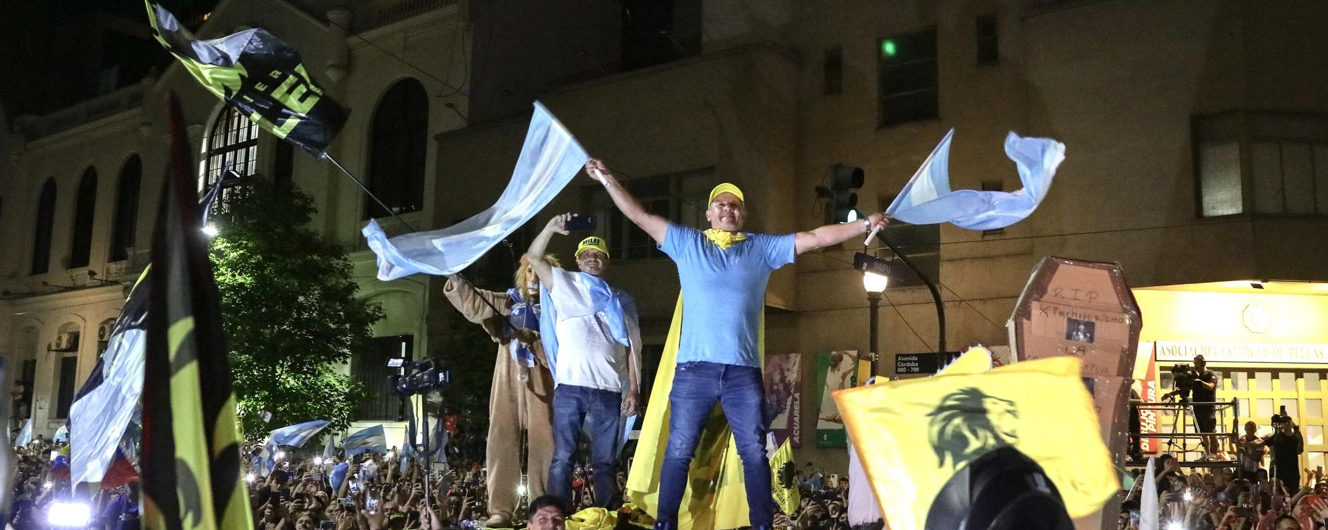 Supporters of the Argentine presidential candidate for the La Libertad Avanza alliance, Javier Milei, celebrate his victory in the presidential election runoff outside the party headquarters in Buenos Aires on November 19, 2023 Supporters of the Argentine presidential candidate for the La Libertad Avanza alliance, Javier Milei, celebrate his victory in the presidential election runoff outside the party headquarters in Buenos Aires on November 19, 2023 - Sputnik International, 1920, 20.11.2023
