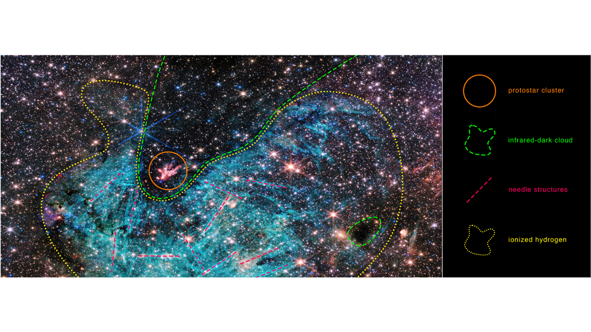 In the image of space, the yellow dotted line forms a fat U shape, surrounding a cyan-colored area that is much wider on its right-hand side. Within this area, straight red dotted lines indicate structures within the ionized hydrogen, oriented chaotically in multiple directions. Fitting into the curve of the U shaped ionized hydrogen region, the dashed-line of green indicates the shape of the infrared-dark cloud. At the base of the U curve the orange circle surrounds a red and white protostar cluster appearing to spray upward and to its left. To the right of the ionized hydrogen region, a small dark area is surrounded by a dashed-green line, highlighting another infrared-dark cloud. In the image of space, the yellow dotted line forms a fat U shape, surrounding a cyan-colored area that is much wider on its right-hand side. Within this area, straight red dotted lines indicate structures within the ionized hydrogen, oriented chaotically in multiple directions. Fitting into the curve of the U shaped ionized hydrogen region, the dashed-line of green indicates the shape of the infrared-dark cloud. At the base of the U curve the orange circle surrounds a red and white protostar cluster appearing to spray upward and to its left. To the right of the ionized hydrogen region, a small dark area is surrounded by a dashed-green line, highlighting another infrared-dark cloud. - Sputnik International, 1920, 21.11.2023