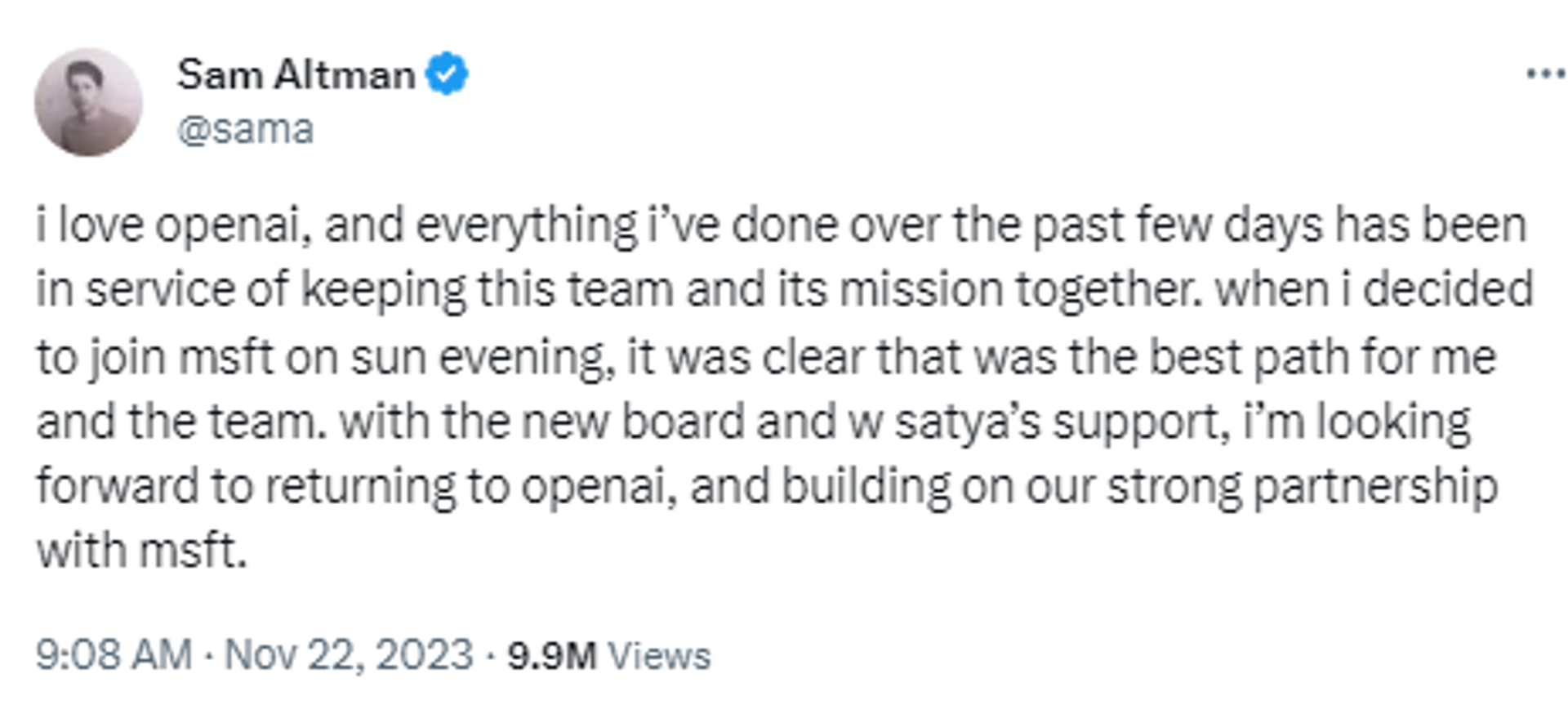 Screenshot of X post by Sam Altman. - Sputnik International, 1920, 22.11.2023