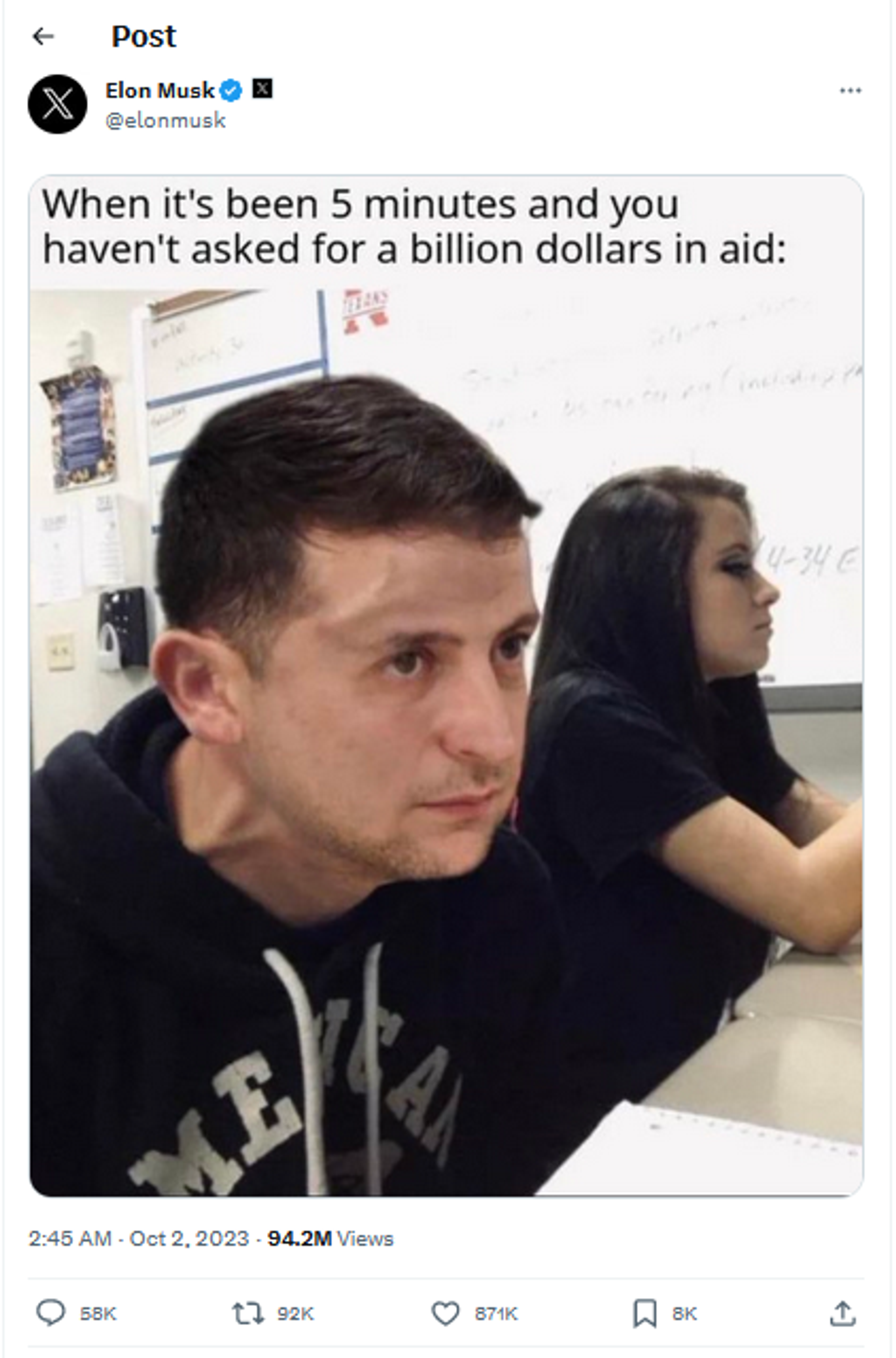 Elon Musk tweet mocking Ukrainian President Volodymyr Zelensky's hopeless dependence on American assistance. - Sputnik International, 1920, 29.11.2023