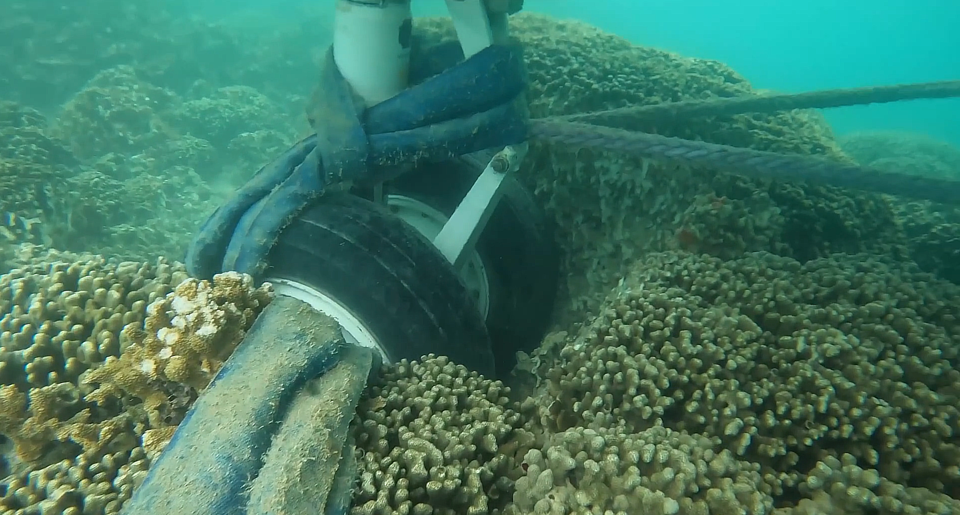 A still from underwater footage of a crashed P-8A Poseidon maritime patrol aircraft in shallow water off the coast of Hawaii. Its wheels have punched a deep gash in the coral. The aircraft overshot the runway during a November 20, 2023, landing in bad weather, and the Navy has begun a salvage operation to retrieve the airliner-sized jet. A still from underwater footage of a crashed P-8A Poseidon maritime patrol aircraft in shallow water off the coast of Hawaii. Its wheels have punched a deep gash in the coral. The aircraft overshot the runway during a November 20, 2023, landing in bad weather, and the Navy has begun a salvage operation to retrieve the airliner-sized jet. - Sputnik International, 1920, 01.12.2023