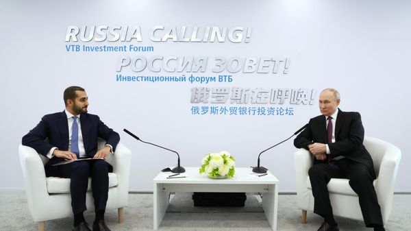 Russian President Vladimir Putin and Omani Minister of Culture, Youth and Sports, Crown Prince Theyazin bin Haitham Al Said attend a meeting on the sidelines of the 14th VTB Investment Forum Russia Calling! at the World Trade Centre in Moscow, Russia - Sputnik International