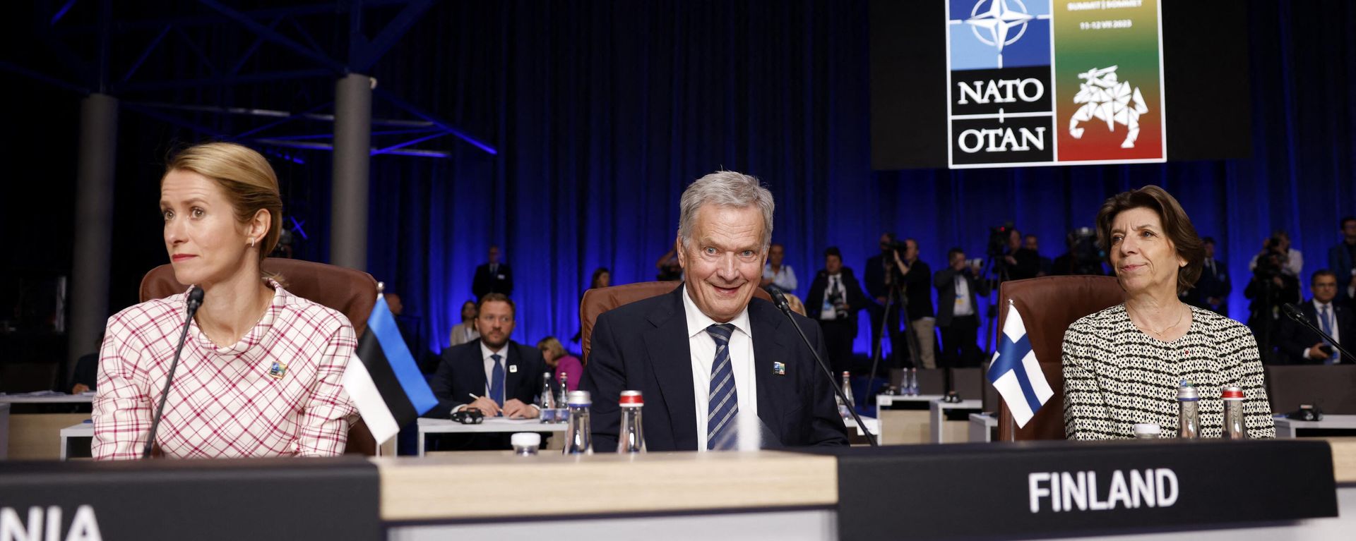 Estonian PM Kaja Kallas, Finland's President Sauli Niinisto and France's Foreign Minister Catherine Colonna at the NATO Summit in Vilnius on July 12, 2023. Estonian PM Kaja Kallas, Finland's President Sauli Niinisto and France's Foreign Minister Catherine Colonna at the NATO Summit in Vilnius on July 12, 2023. - Sputnik International, 1920, 14.12.2023