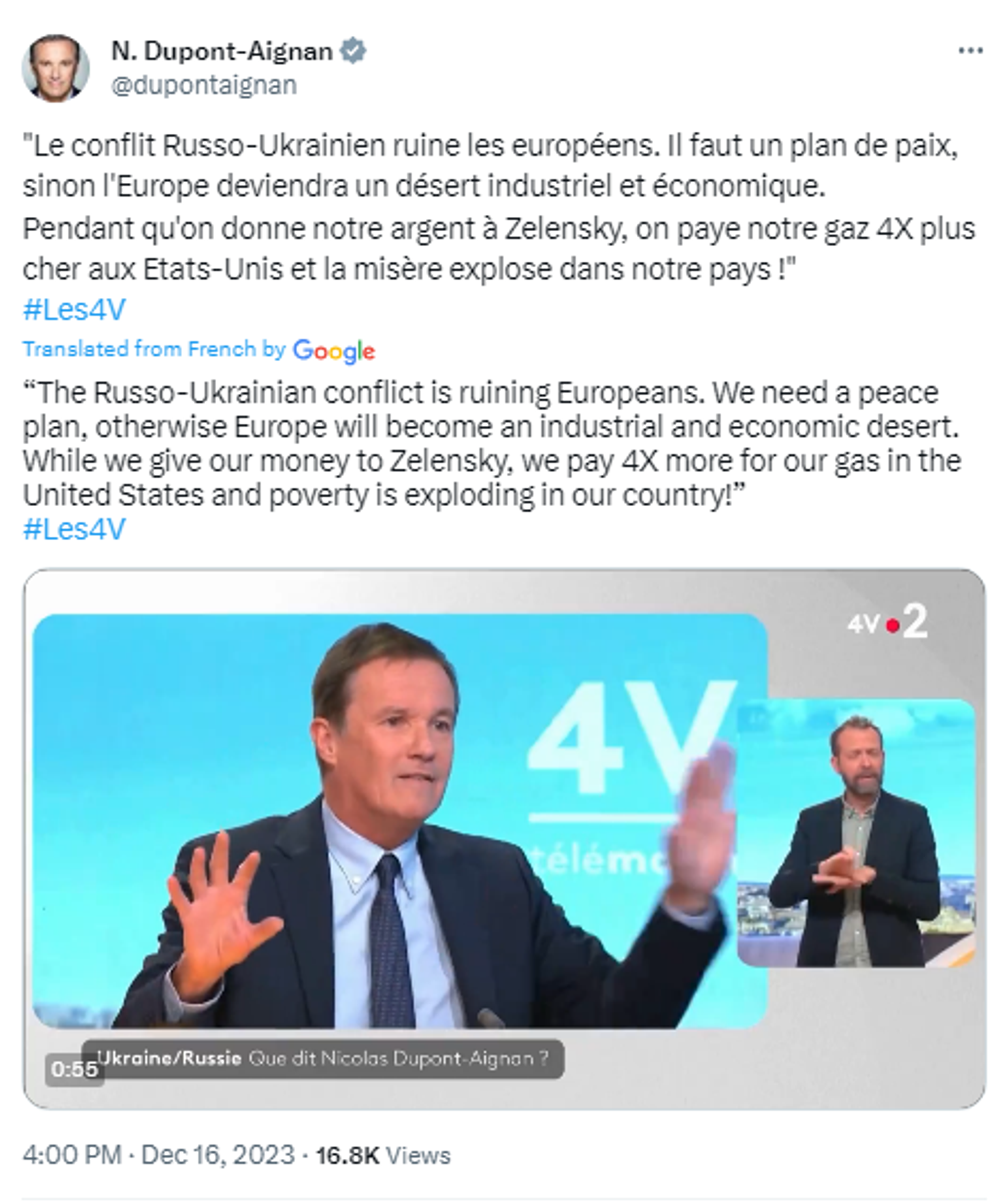 Screenshot of X post by Nicolas Dupont-Aignan, Deputy of the French National Assembly.
 - Sputnik International, 1920, 17.12.2023