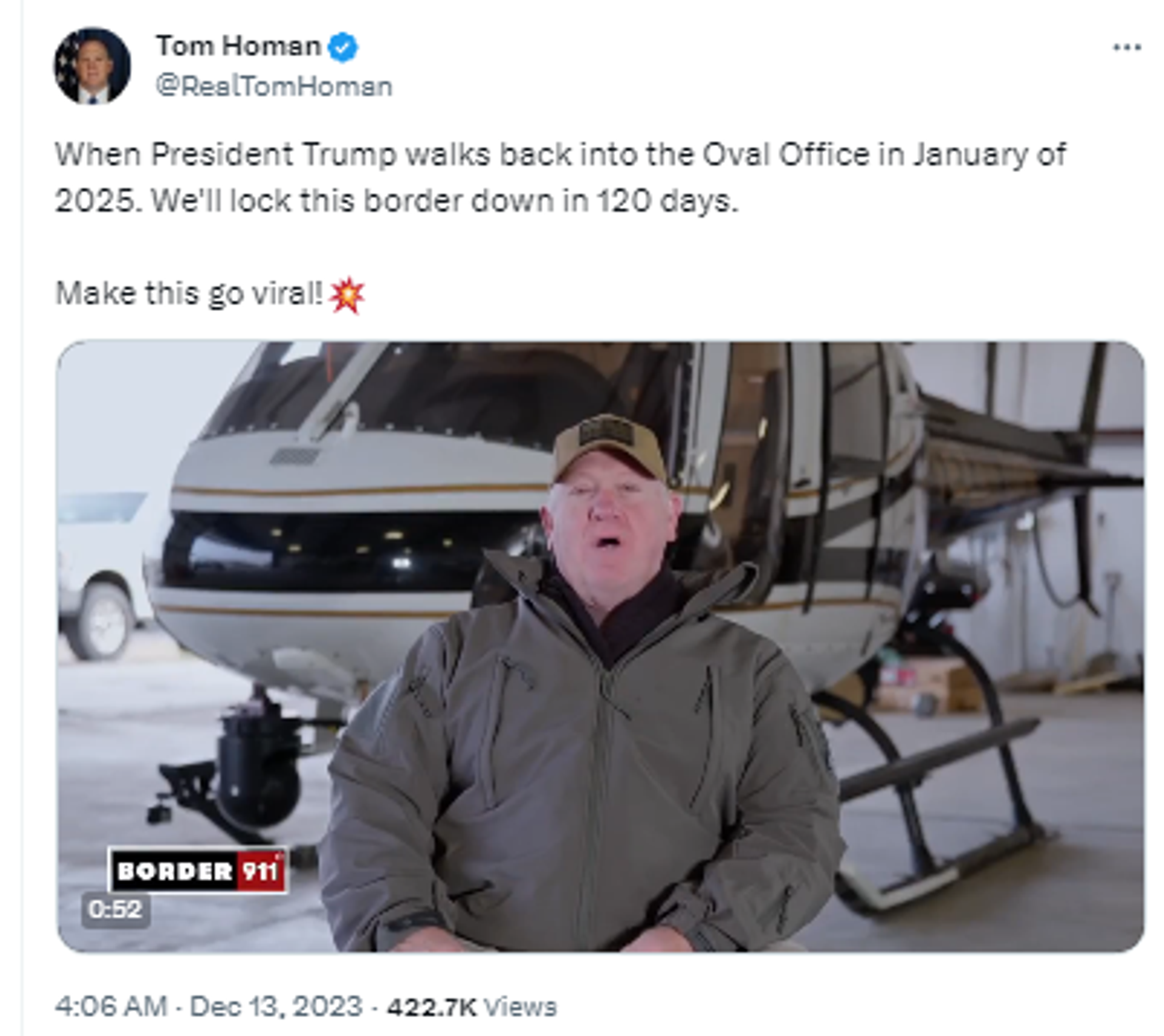 Screenshot of X post by Former acting Immigration and Customs Enforcement (ICE) Director Tom Homan. - Sputnik International, 1920, 17.12.2023
