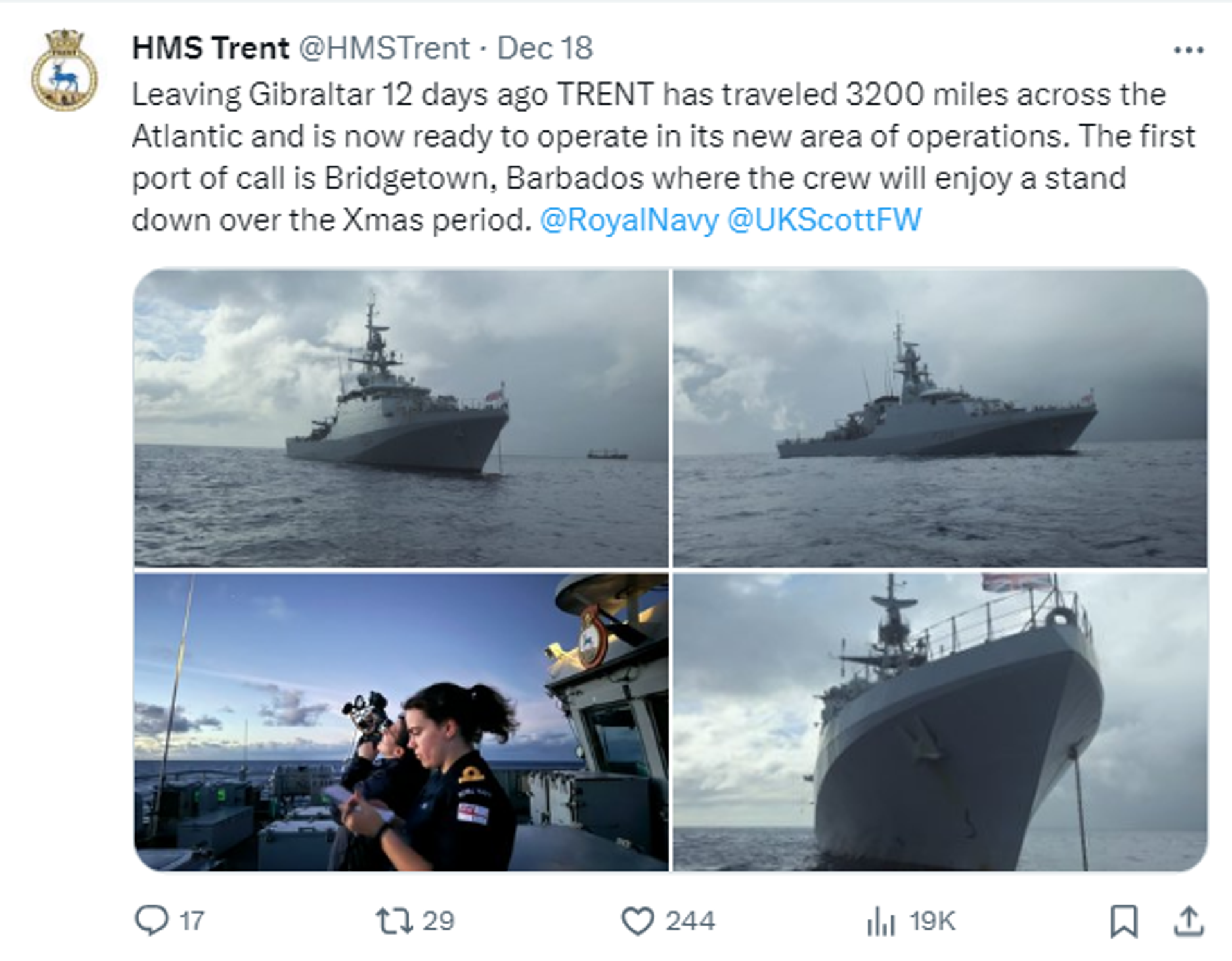 Screenshot of X post by UK Royal Navy's HMS Trent. - Sputnik International, 1920, 24.12.2023
