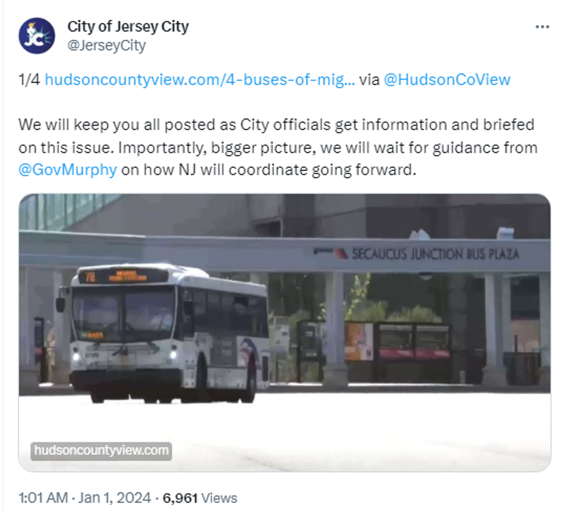 Screenshot of X post by Jersey City, US. - Sputnik International, 1920, 02.01.2024