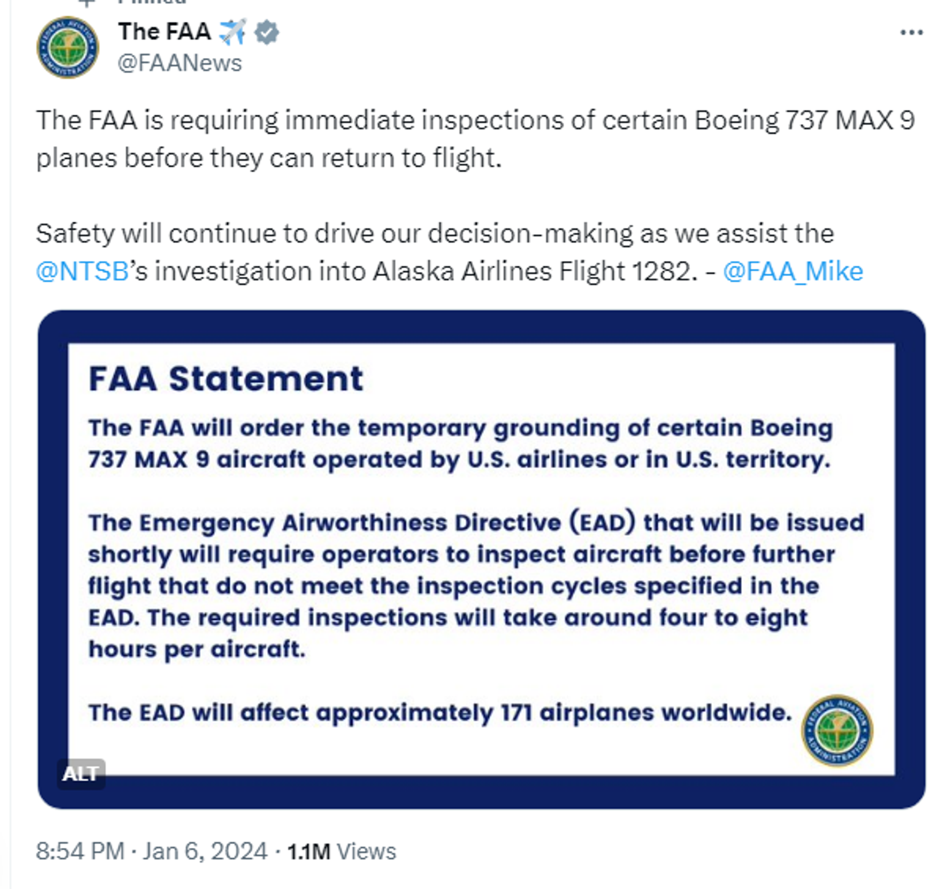 Screenshot of X post by the Federal Aviation Administration. - Sputnik International, 1920, 07.01.2024