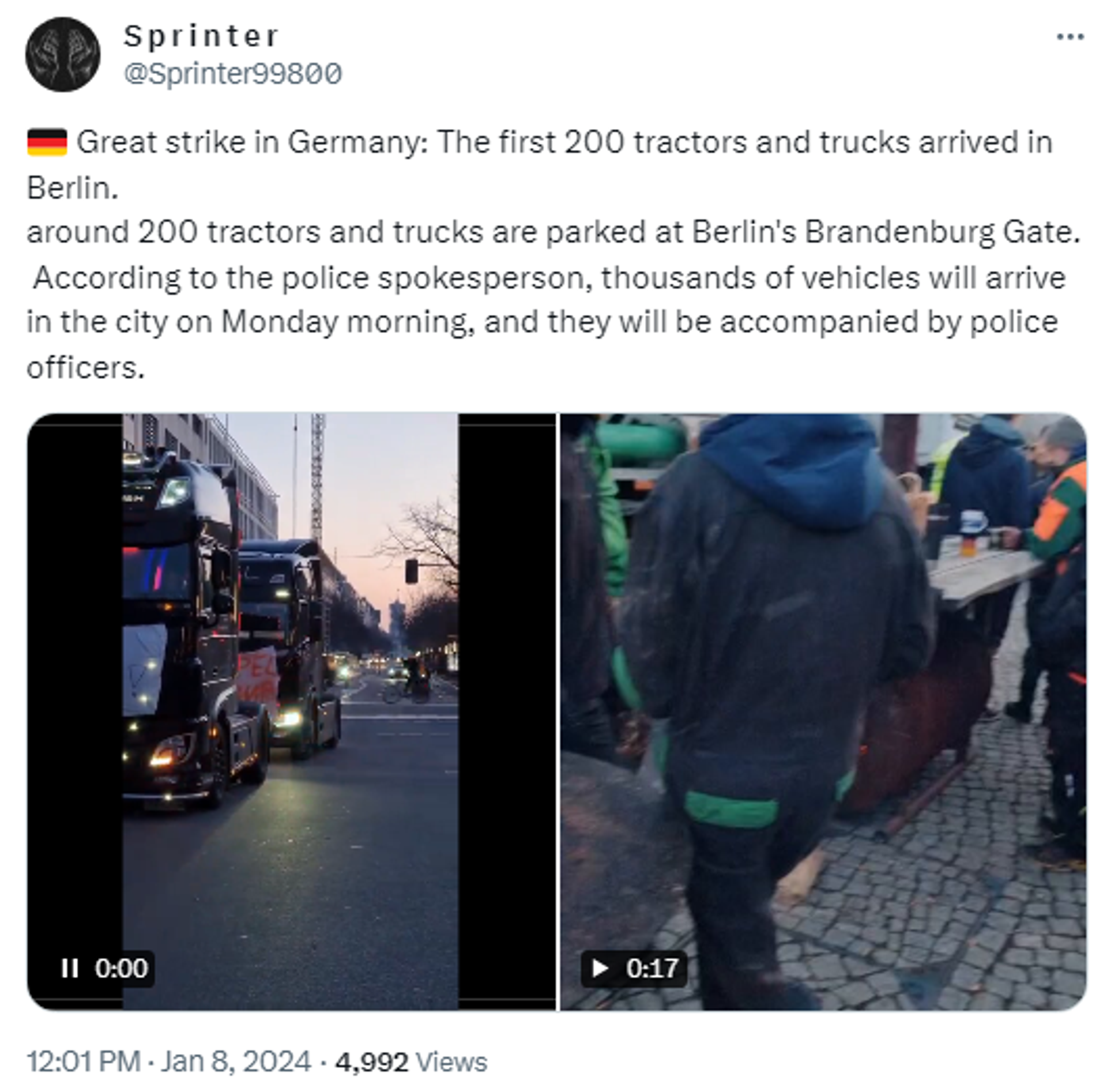Screenshot of X post showing tractors approaching the Brandenburg Gate, Berlin, as German farmers protests against a cut in vehicle tax subsidies on Hanuary 8, 2024. Screenshot of X post showing tractors approaching the Brandenburg Gate, Berlin, as German farmers protests against a cut in vehicle tax subsidies on Hanuary 8, 2024. - Sputnik International, 1920, 08.01.2024