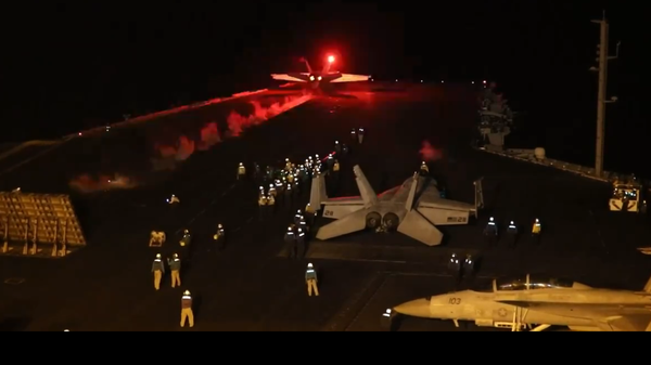 An X screenshot of US Navy planes taking part in in the January 11, 2024 air strikes on Houthi targets in Yemen, conducted by the US and the UK.  - Sputnik International