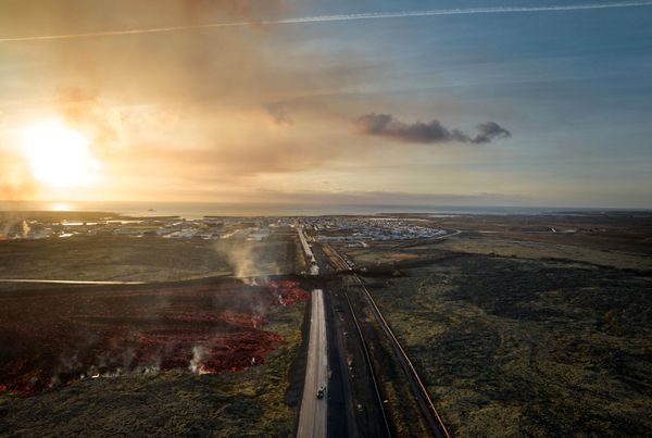 Aerial view shows flowing lava close to a road leading to the southwestern Icelandic town of Grindavik. - Sputnik International