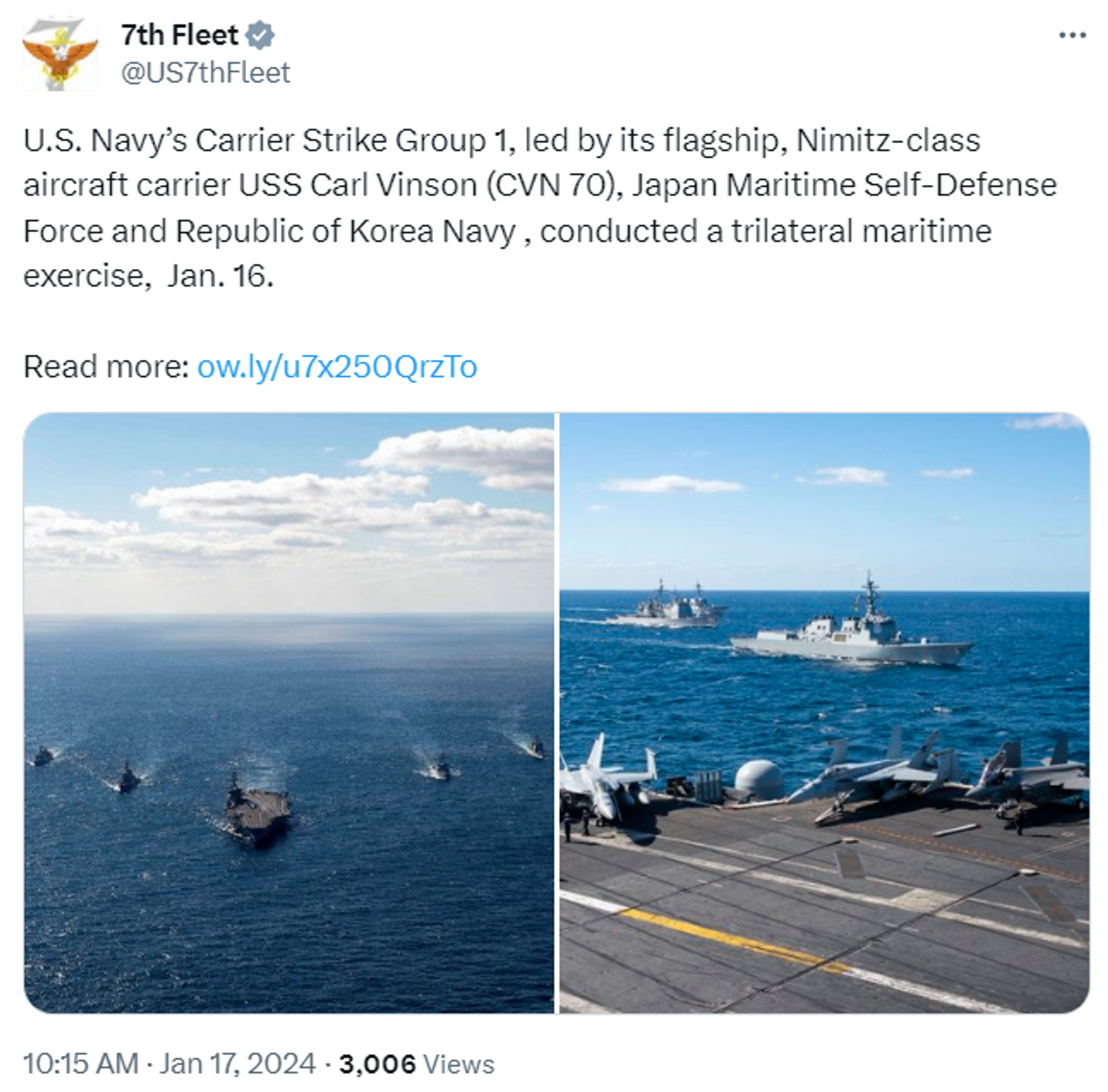 Screenshot of X post by the Seventh Fleet of the United States Navy.  - Sputnik International, 1920, 17.01.2024