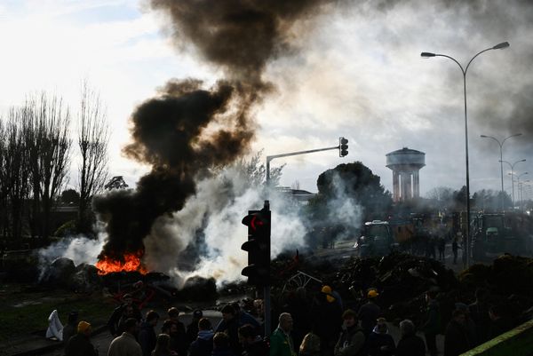 Farmers look at a fire at the "Direction departementale des territoires du Lot-et-Garonne" (DDT 47) to protest taxation and declining income in Agen, southern France. - Sputnik International