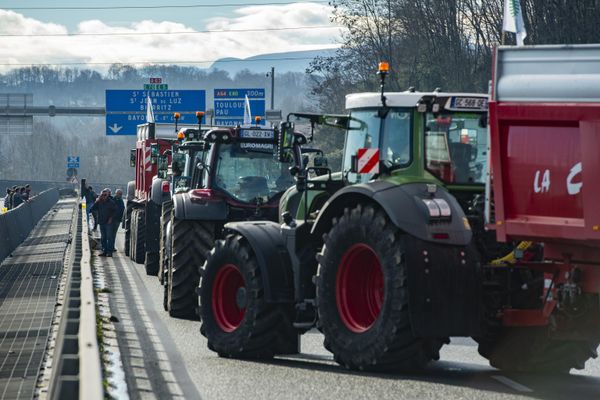 French farmers block the Hubert Touya viaduct on a highway in Bayonne, southwestern France.  - Sputnik International