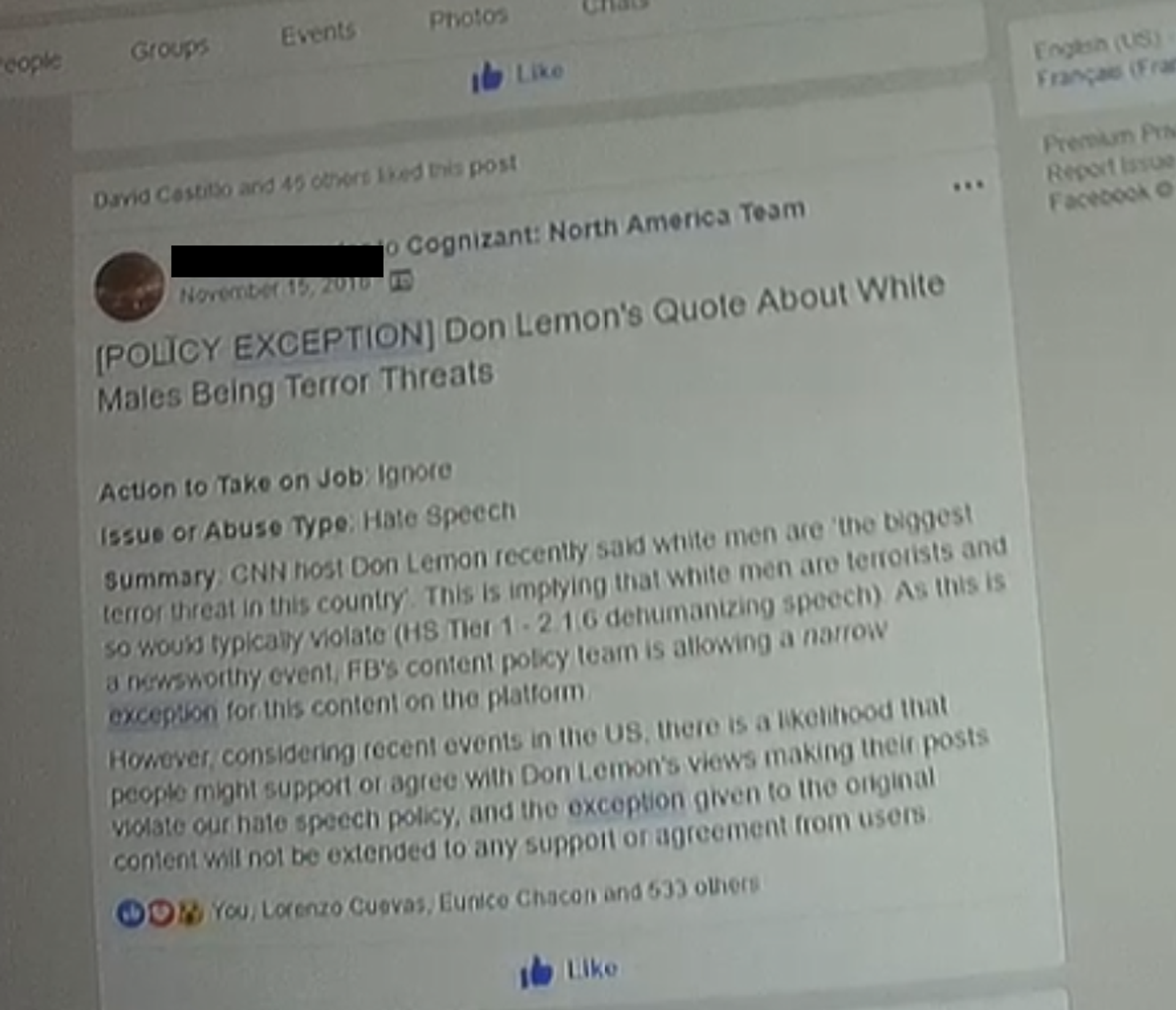 Screenshot provided to Sputnik by Facebook content moderator-turned whistleblower Ryan Hartwig instructing moderators to ignore reports by users listing CNN host Don Lemon's statement that White men are the biggest terror threat in this country as hate speech. Screenshot provided to Sputnik by Facebook content moderator-turned whistleblower Ryan Hartwig instructing moderators to ignore reports by users listing CNN host Don Lemon's statement that White men are the biggest terror threat in this country as hate speech. - Sputnik International, 1920, 03.02.2024