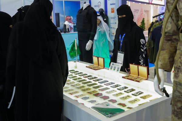Visitors look at military chevrons on display at the World Defense Show 2024. - Sputnik International