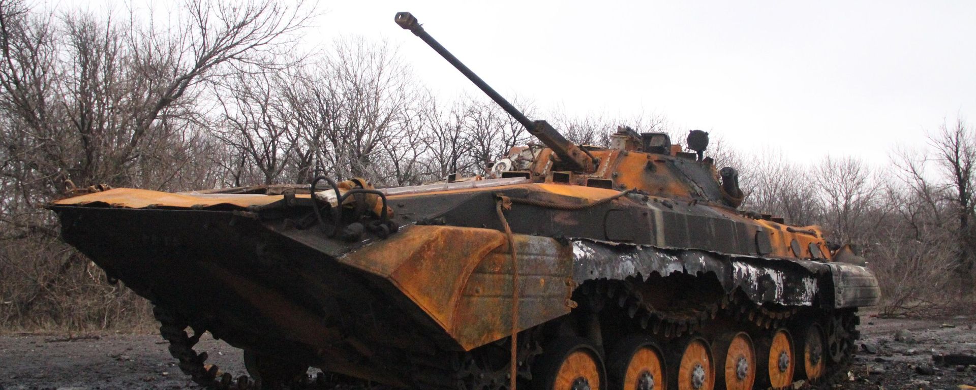 Burned Ukrainian military vehicle on the road from Uglegorsk to Debaltsevo, Donetsk People's Republic, February 6, 2015. Burned Ukrainian military vehicle on the road from Uglegorsk to Debaltsevo, Donetsk People's Republic, February 6, 2015. - Sputnik International, 1920, 12.02.2024