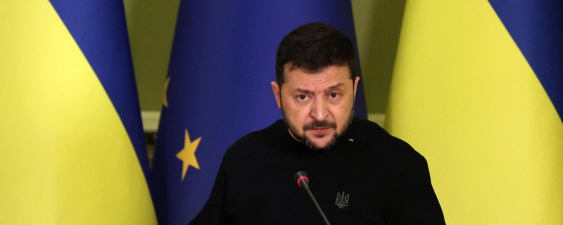Ukraine's President Volodymyr Zelensky speaks during a joint press conference with the European Commission President following their talks in Kiev on November 4, 2023. Ukraine's President Volodymyr Zelensky speaks during a joint press conference with the European Commission President following their talks in Kiev on November 4, 2023. - Sputnik International, 1920, 13.02.2024