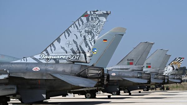 Military aircraft of various nationalities stand stationed for post-flight checks during the 2023 edition of the 'NATO Tiger Meet', an exercise involving armed forces of more than 10 countries in Gioia del Colle, near Bari, Puglia on 9 October 2023. - Sputnik International