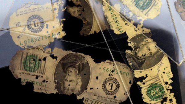 Some D.B.Cooper cash is displayed at Collectors Universe Tuesday Feb. 12, 2008 in Santa Ana, Calif. Brian Ingram, from Arkansas, found the sole link to the only unsolved airline hijacking in U.S. history buried along the Columbia River during a family vacation in 1980 - Sputnik International
