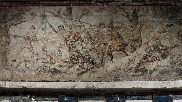A fresco painting of a hunt tops the facade of a tomb believed to belong to the ancient Greek King Philip II of Macedon, at Vergina museum, northern Greece, Oct. 7, 2014. Archaeologists believe one of the figures is Philip's son Alexander the Great, seated on a rearing horse in the center of the painting. According to archaeologist Angeliki Kottaridi, head of the archaeological sites of Vergina and Pella, Philip II was the first to succeed in uniting Greece's squabbling city-states. Philip effectively received a fractured state when he became king in 359 (B.C.), and, in 25 years, succeeded in creating the greatest power of his time through … substantial military, economic and social reforms, she told the AP.  - Sputnik International