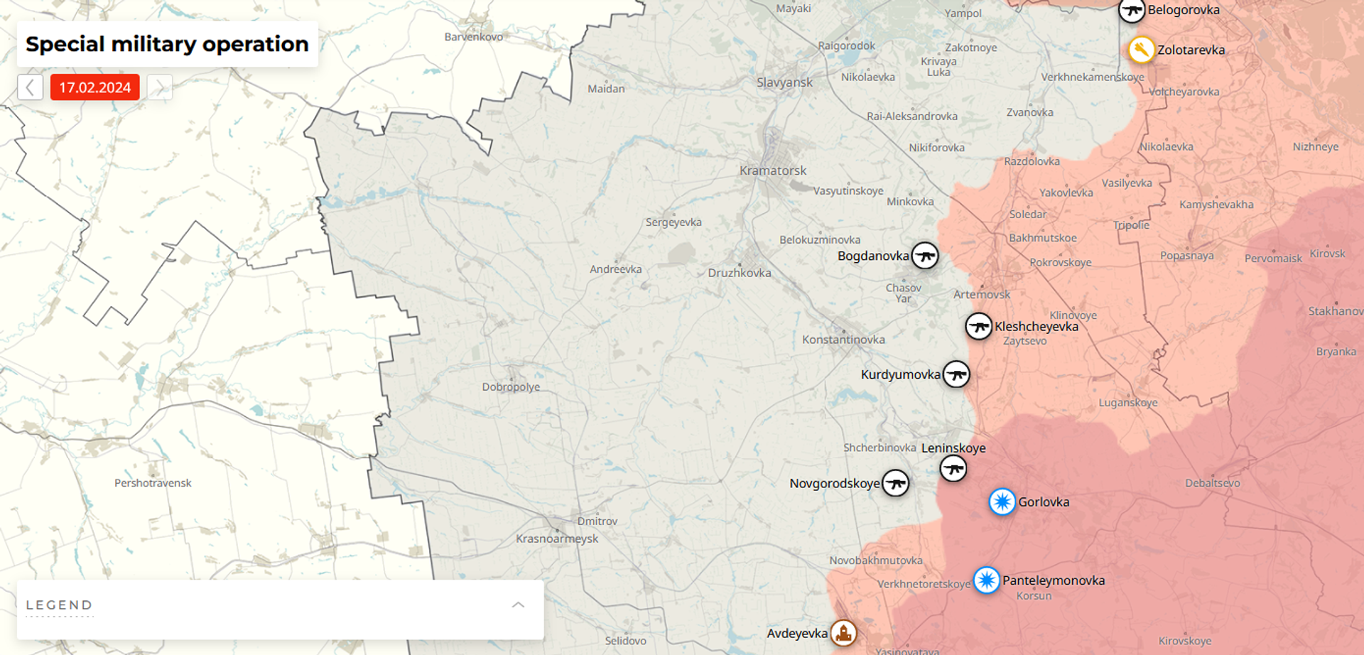 Screengrab of Sputnik map showing Avdeyevka's location in relation to Ukraine's defensive line in the Donbass, with Druzhkovka, Kramatorsk and Slavyansk pictured to the north. - Sputnik International, 1920, 18.02.2024