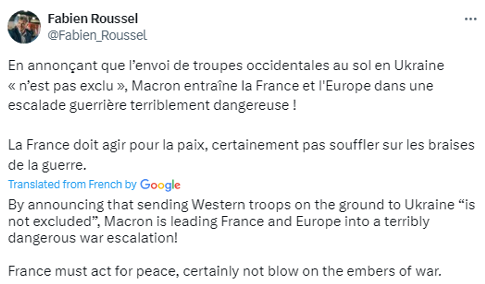 Screenshot of X post by Fabien Roussel, National Secretary of the French Communist Party (PCF). - Sputnik International, 1920, 27.02.2024