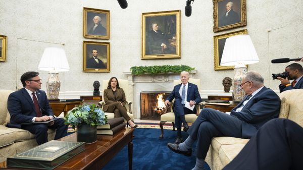 President Joe Biden speaks during a meeting with Congressional leaders in the Oval Office of the White House, Tuesday, Feb. 27, 2024, in Washington. From left, Speaker of the House Mike Johnson of La., Vice President Kamala Harris, Biden, and Senate Majority Leader Sen. Chuck Schumer of N.Y.  - Sputnik International