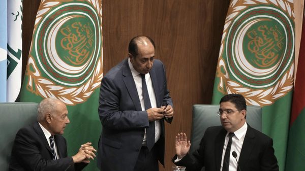 Secretary-General Ahmed Aboul Gheit, left, his deputy Hossam Zaki, center, listens to Moroccan Foreign Minister Nasser Bourita, during an extraordinary Arab foreign ministers meeting at the Arab League headquarters in Cairo, Egypt, Wednesday, Oct. 11, 2023, to discuss the ongoing Israel-Hamas war. - Sputnik International