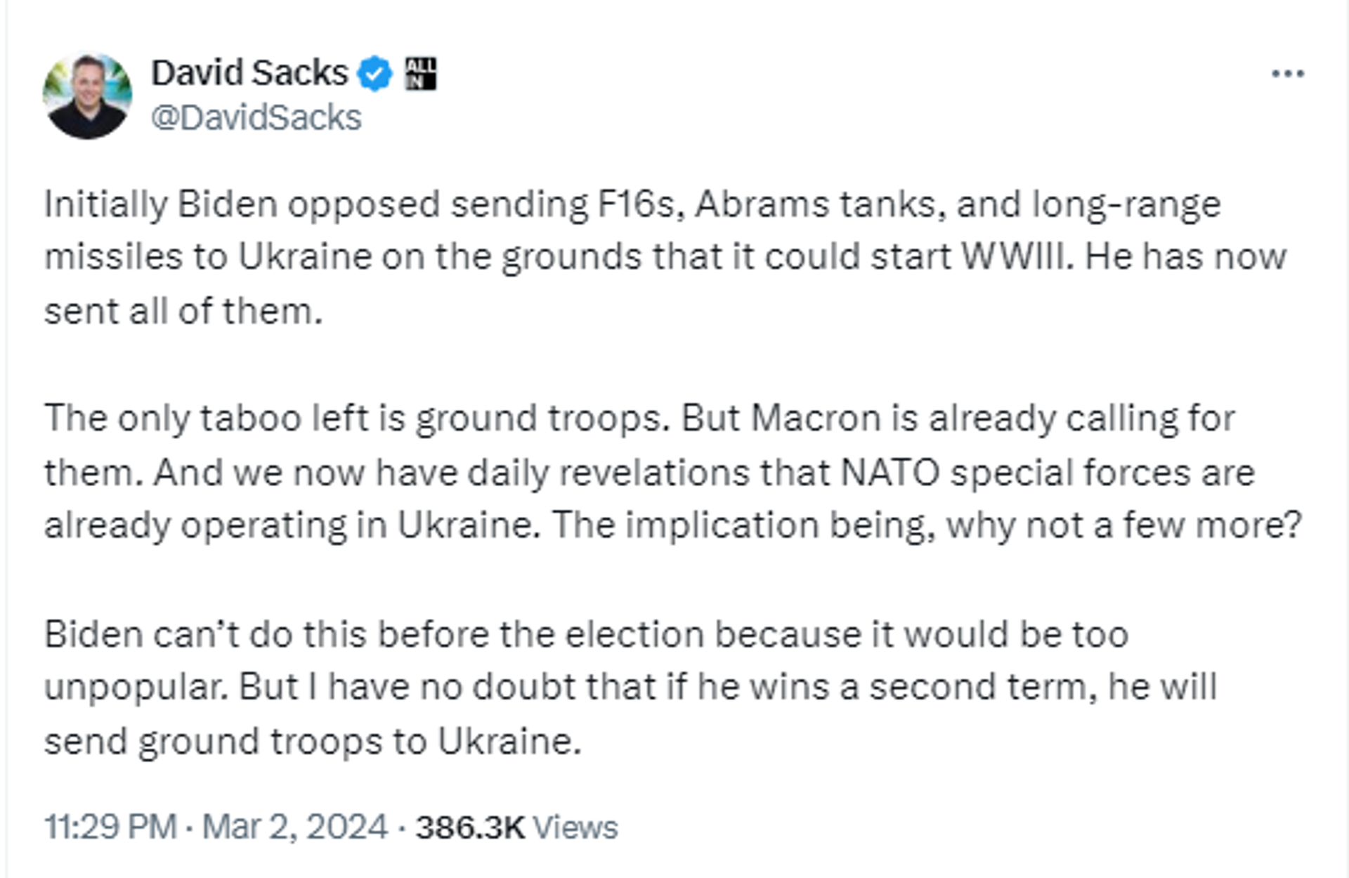 Screenshot of X post by American billionaire David Sachs. - Sputnik International, 1920, 03.03.2024