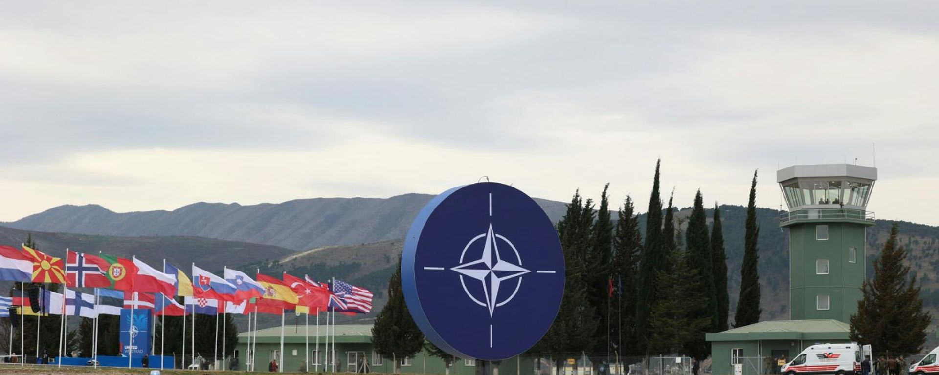 Giant circular NATO logo erected at the Kuçova airbase for a ceremony dedicated to the base's reopening after renovations, Monday, March 4, 2024. - Sputnik International, 1920, 07.06.2024