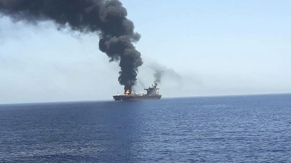 In this photo released by state-run IRIB News Agency, an oil tanker is on fire in the sea of Oman, Thursday, June 13, 2019 - Sputnik International