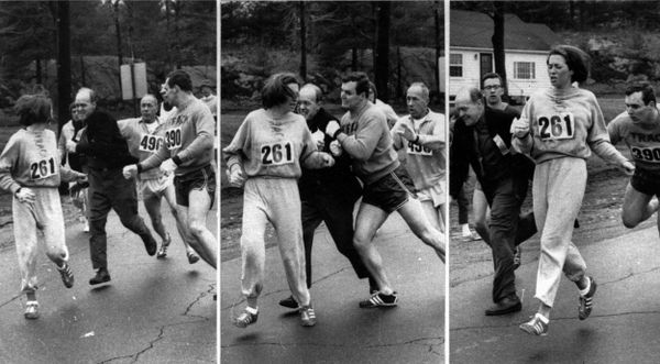 Kathrine Switzer is an American marathon runner. She had to list herself as "K. Switzer of Syracuse" to participate in all-male Boston Marathon in 1967. During the race, the manager of the competition tried to throw her out, pushing her and pulling at her clothes. However, Kathrine successfully stayed in line and finished the race.  - Sputnik International