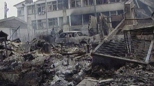Image from television provided under conditions imposed by Serbian censors shows a police barracks in central Pristina the morning after a direct hit during a NATO bombing raid, Sunday night March 28 - Sputnik International