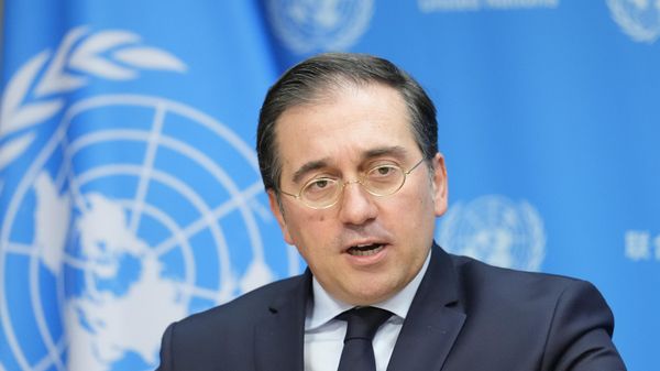Spain's Foreign Minister Jose Manuel Albares speaks to reporters during a news conference, Friday, Feb. 23, 2024 at United Nations headquarters. (AP Photo/Mary Altaffer) - Sputnik International