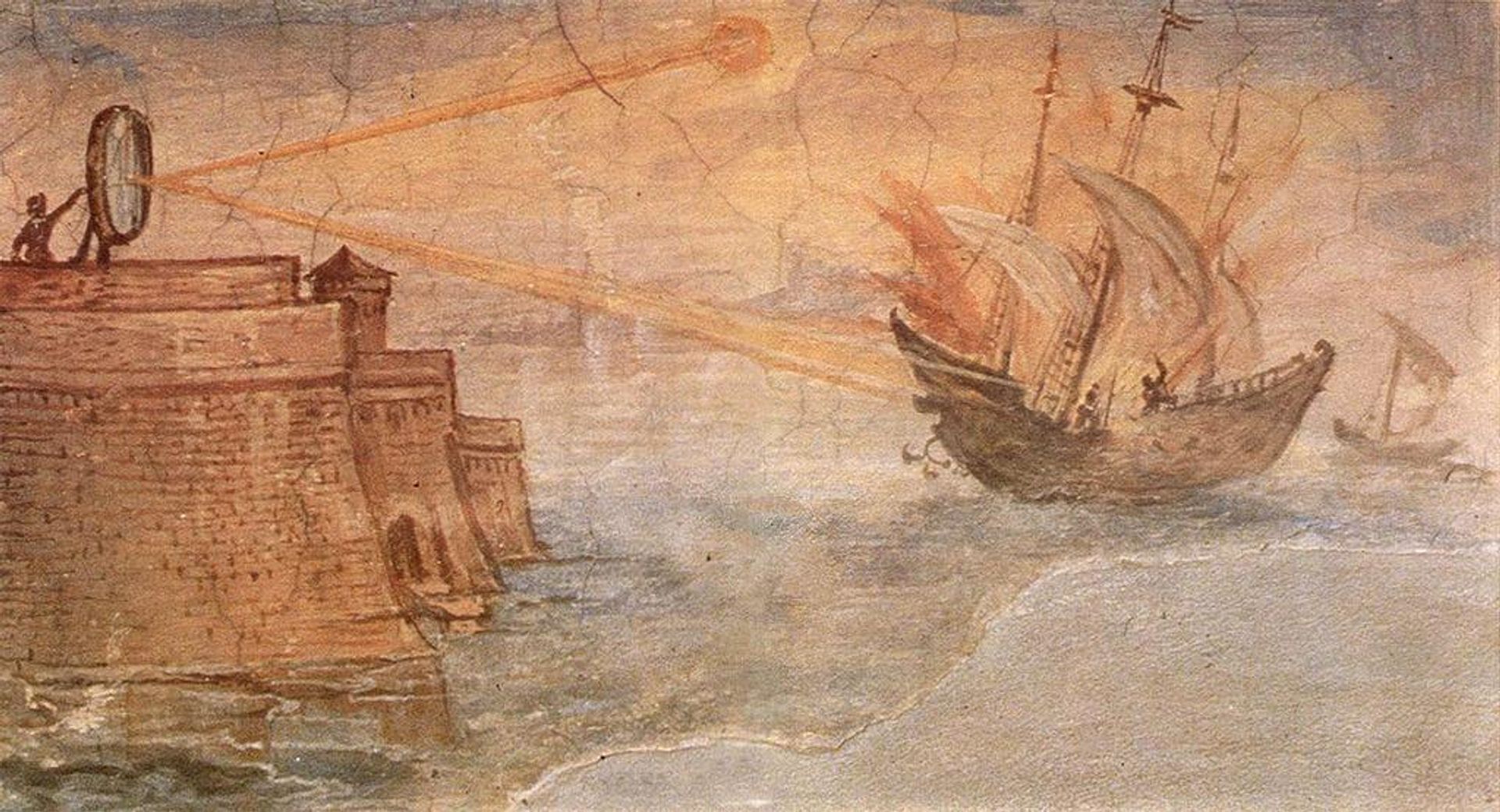 A wall painting from the Uffizi Gallery, Stanzino delle Matematiche, in Florence, Italy, shows the Greek mathematician Archimedes' mirror burning Roman military ships. Painted in 1600 by Gieulio Parigi. A wall painting from the Uffizi Gallery, Stanzino delle Matematiche, in Florence, Italy, shows the Greek mathematician Archimedes' mirror burning Roman military ships. Painted in 1600 by Gieulio Parigi. - Sputnik International, 1920, 12.04.2024