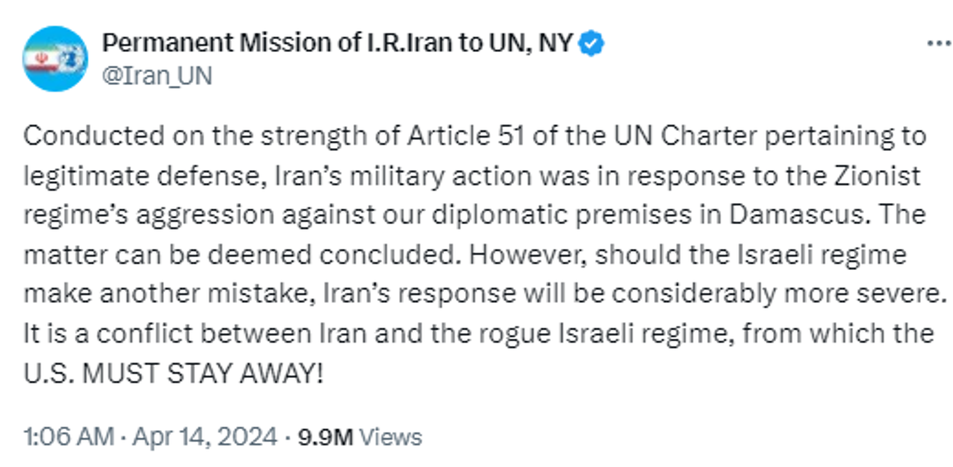 Screenshot of X post by Iran's mission at the UN. Screenshot of X post by Iran's mission at the UN. - Sputnik International, 1920, 14.04.2024