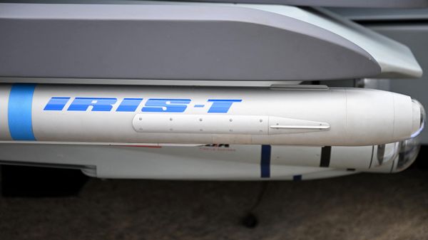 This photograph shows a short range air-to-air missile Iris-T displayed on the European multinational twin-engine, canard delta wing and multirole fighter Eurofighter Typhoon at the International Paris Air Show in the Paris–Le Bourget Airport, on June 19, 2023.  - Sputnik International